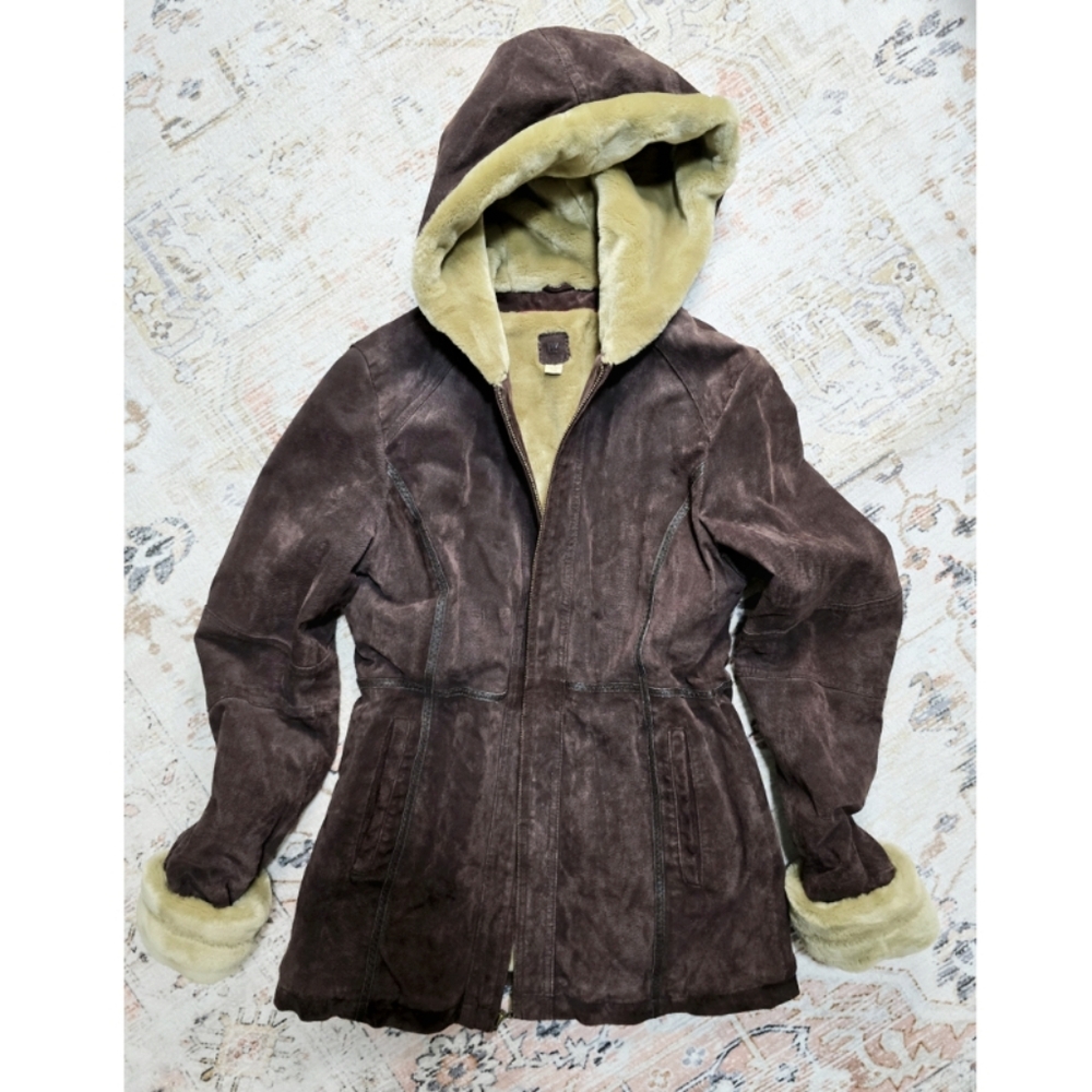 🕊️Wilsons Leather Suede Brown Hooded Women's Coat with Faux Fur Lining Small
